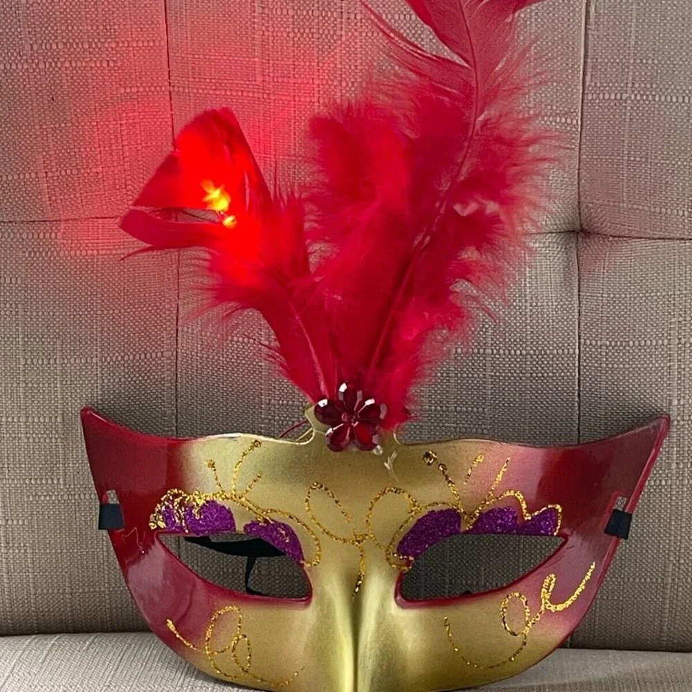 Light Up Mask for Halloween Party Mask Red Faux Feather Eye Mask